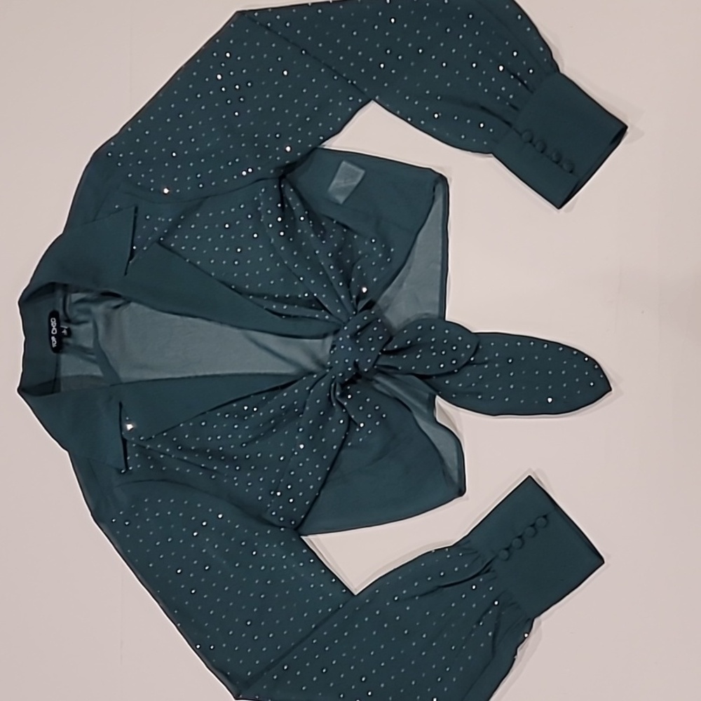 Top Chic Tie Front Semi Sheer Sparkle Studded Cropped Blouse Forest Green L - Picture 4 of 14